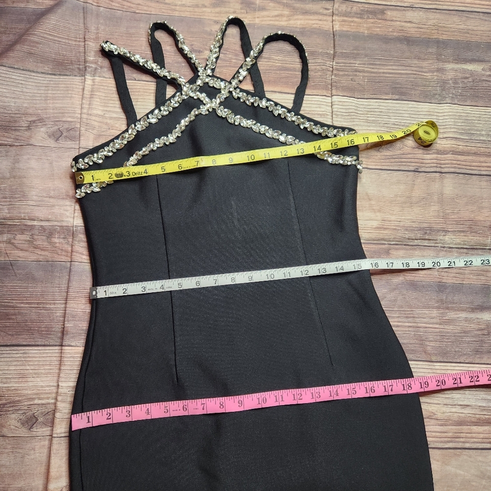 Crystal Beaded Rhinestone Criss-Cross Black Asymmetrical Dress - Picture 8 of 9